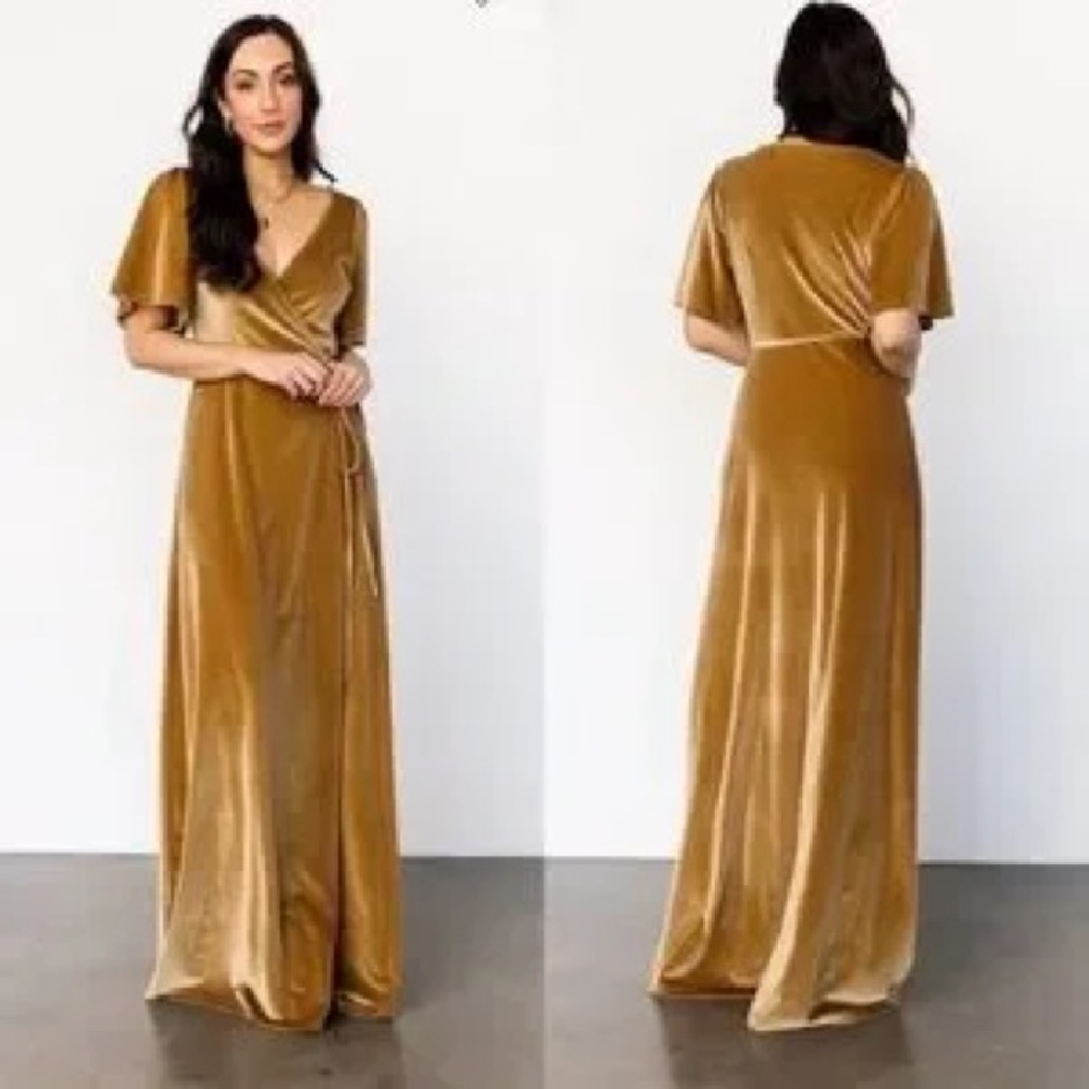 NWT Baltic Born Meghan Gold Yellow Velvet Wrap Maxi Cocktail Dress XS